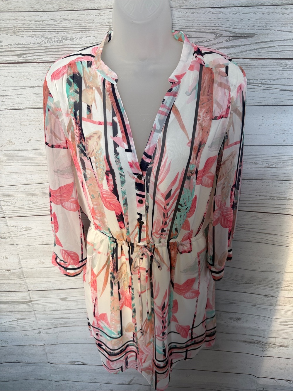 Vince Camuto White, Pink, Teal Floral 3/4 Length Long Sleeve Dress with Pockets